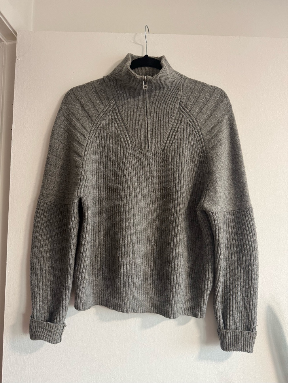 Frank & Oak Gray Ribbed Half-Zip Lambswool Sweater